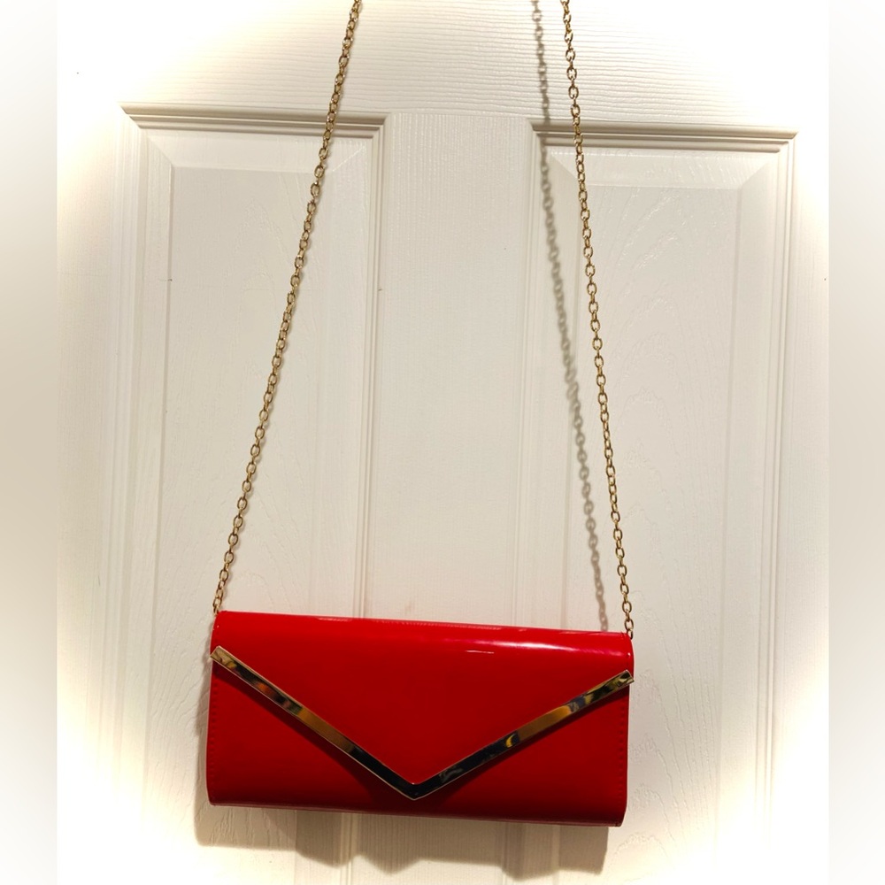 Aldo Red Patent Envelope Clutch with Gold Chain